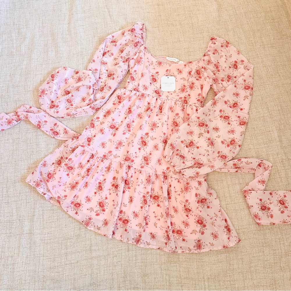 Floral Pink Long Sleeve mini Dress